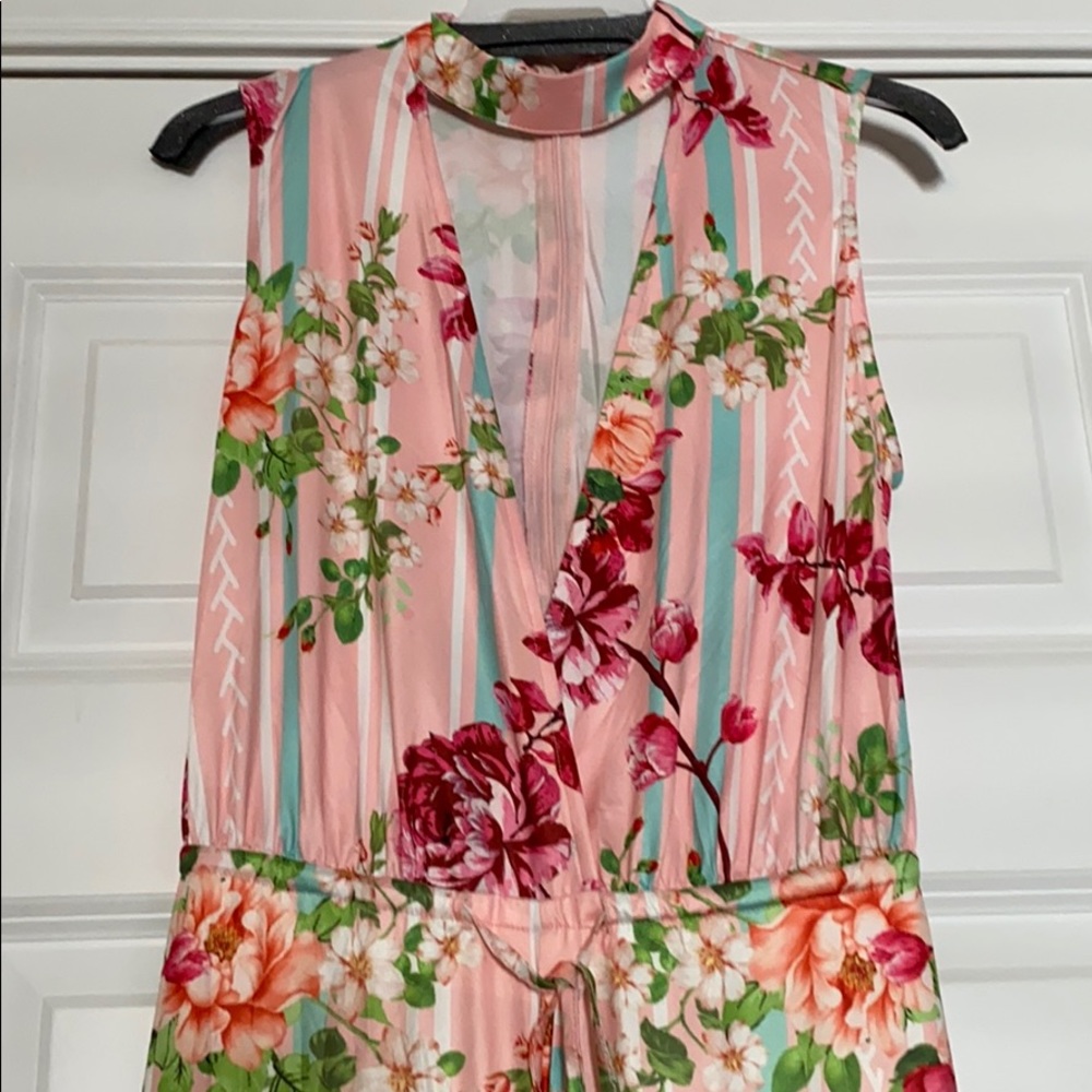 Pink striped floral choker jumpsuit. - Picture 3 of 4